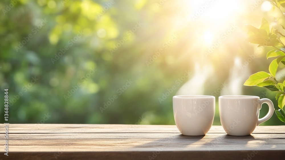 Two mugs on wooden table, blurred background with sunlight through the trees Two mugs on wooden table, blurred background with sunlight through the trees