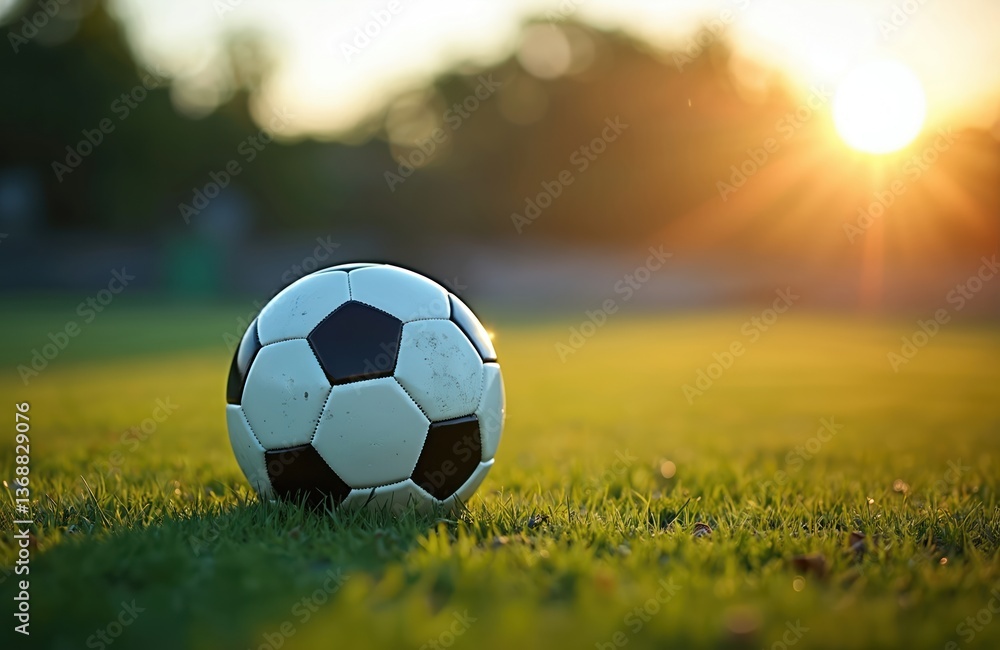 Fototapeta premium Soccer ball rests green field at sunset. Golden sun rays illuminate sport equipment. Evening match on the horizon creates warm atmosphere. Sport game, recreation and fun on vacation.