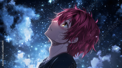 Anime character looking up at the stars night sky dream
