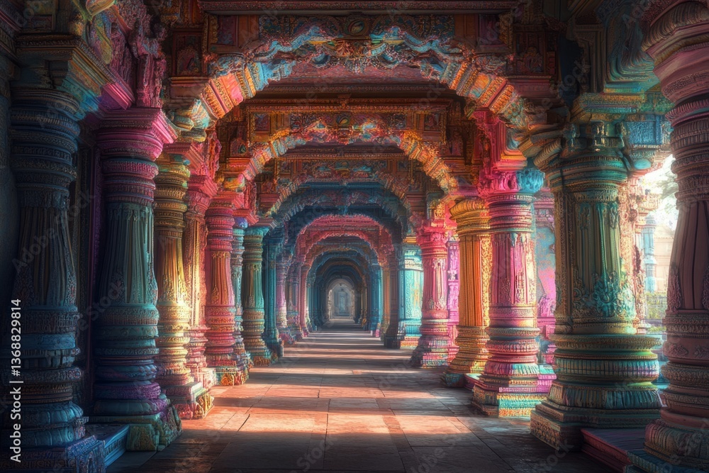 Obraz premium Sunlight illuminating a vibrant temple corridor with intricately decorated pillars and arches, creating a sense of depth and wonder