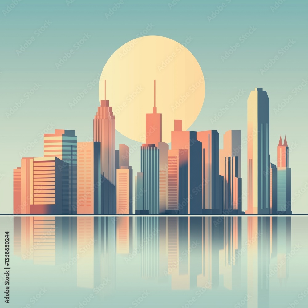 Obraz premium Stylized city skyline with warm sunlight and mirrored reflection at sunset