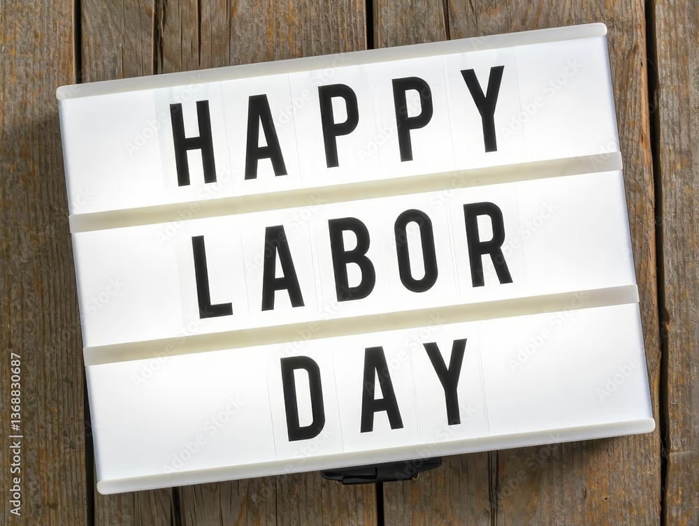A modern white light box display centered on a weathered wooden plank background showcases the text HAPPY LABOR DAY. A modern white light box display centered on a weathered wooden plank background showcases the text HAPPY LABOR DAY.