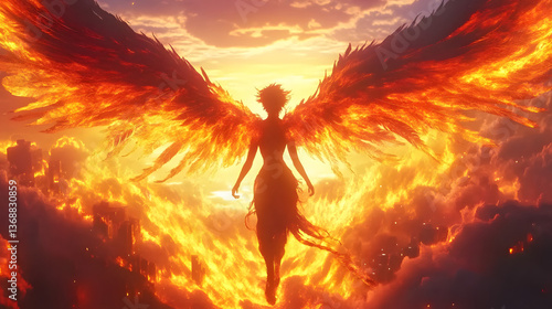 Anime character with phoenix wings fiery colors risin