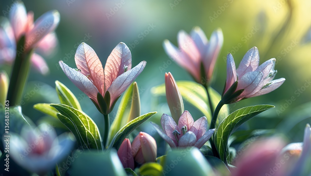 Fototapeta premium Delicate pink and white flowers bloom among lush green leaves in soft focus