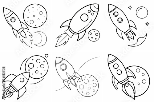  Rocket Flies to the Moon Outline Coloring Book Page Line Art Drawing Set