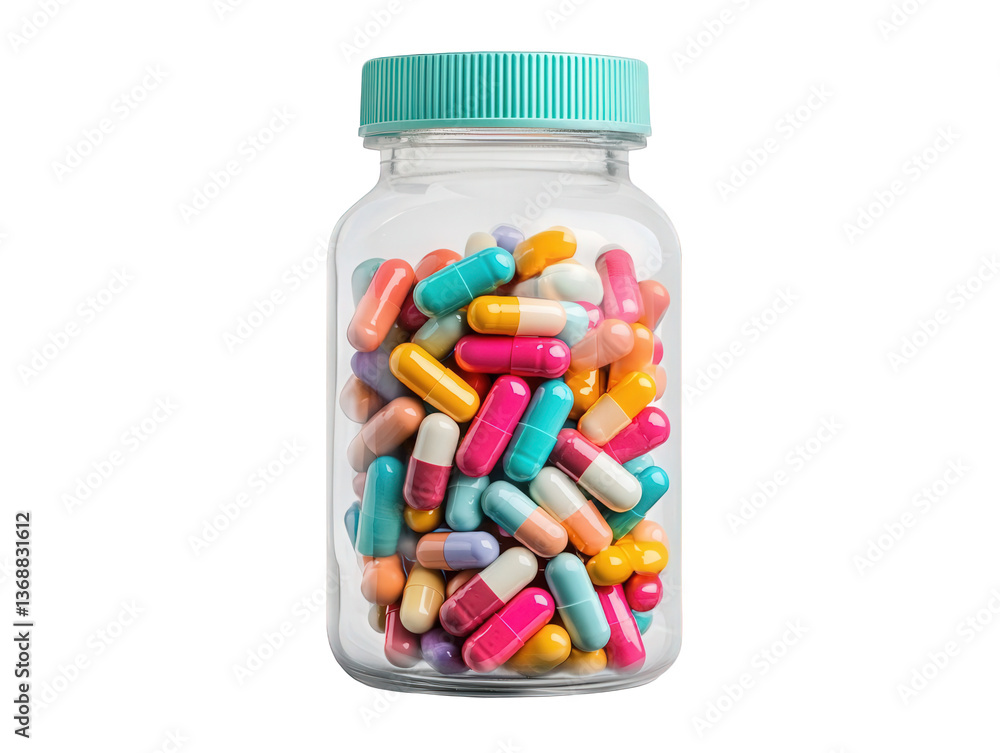 Colorful capsules in a transparent jar with a turquoise lid on a white background suitable for medical or wellness themes Colorful capsules in a transparent jar with a turquoise lid on a white background suitable for medical or wellness themes