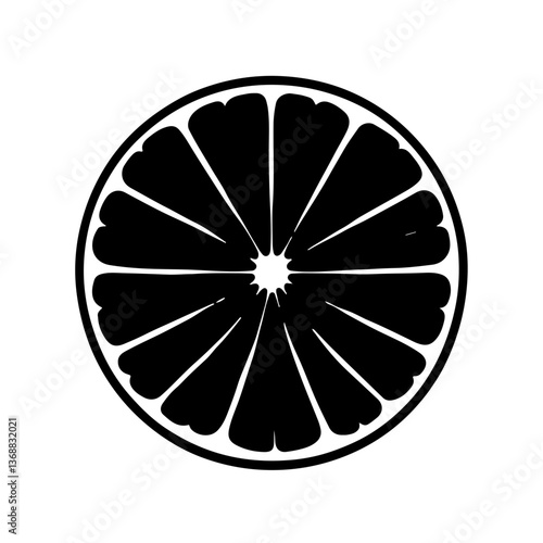 A zesty black silhouette vector icon of a lime slice, cut in half with radiating segments