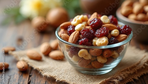Glass bowl filled assorted nuts dried fruit. Healthy snack with almonds, walnuts, macadamia, dried cranberries, raisins. Rustic wooden table provides natural, organic background. Vegetarian, vegan