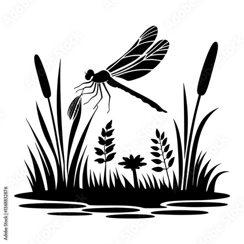 Damselfly hovering near reeds, black and white