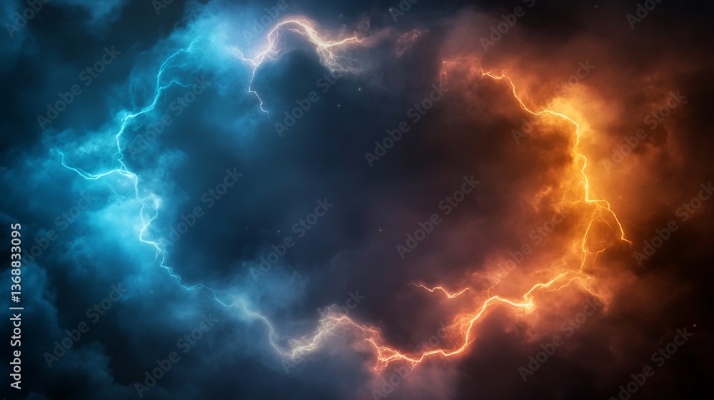Vivid lightning bolts, electric blue and fiery orange, against dark clouds Vivid lightning bolts, electric blue and fiery orange, against dark clouds