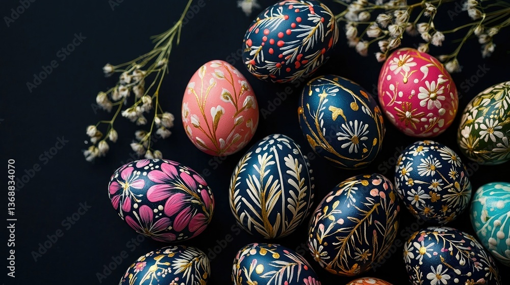 Close-up of Easter eggs with floral patterns Close-up of Easter eggs with floral patterns