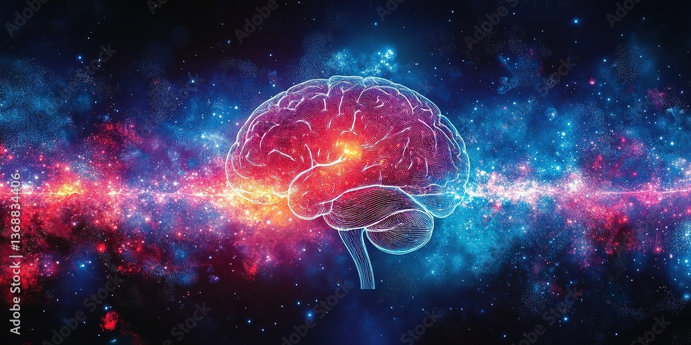 Naklejka premium Visualization of a human brain amidst a vibrant cosmic background, highlighting the connection between mind and universe