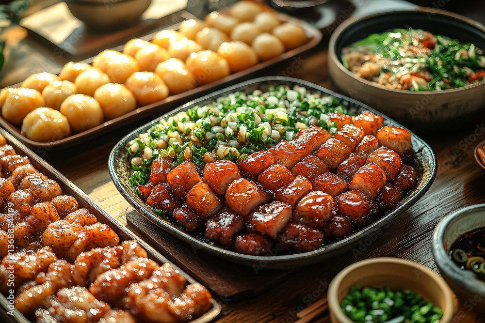 Obraz premium Table with many different types of food, including meat and vegetables. The table is set for a meal, and there are several bowls and plates of food