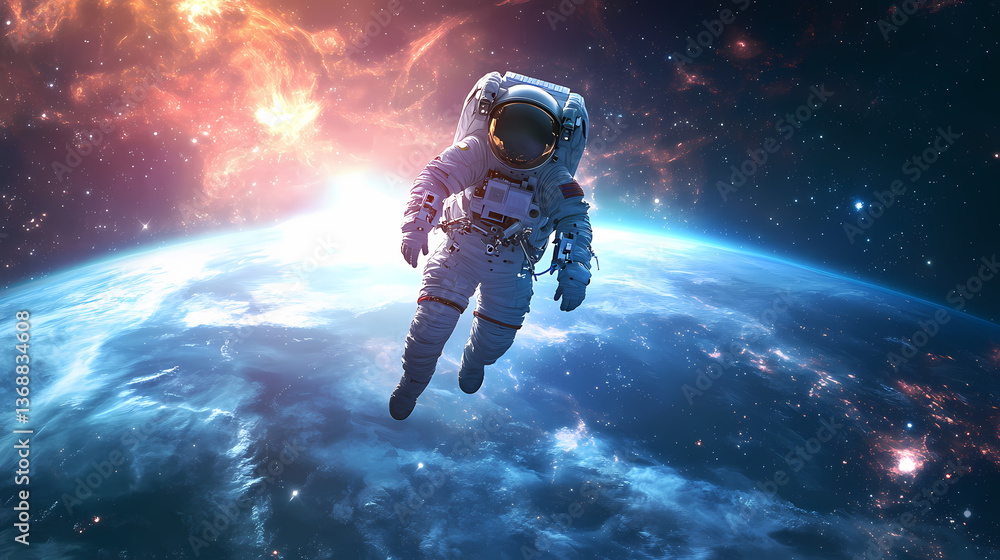 custom made wallpaper toronto digitalAstronaut floating above earth space digital artwork cosmic environment distant viewpoint exploration concept. Floating Echoes. Illustration