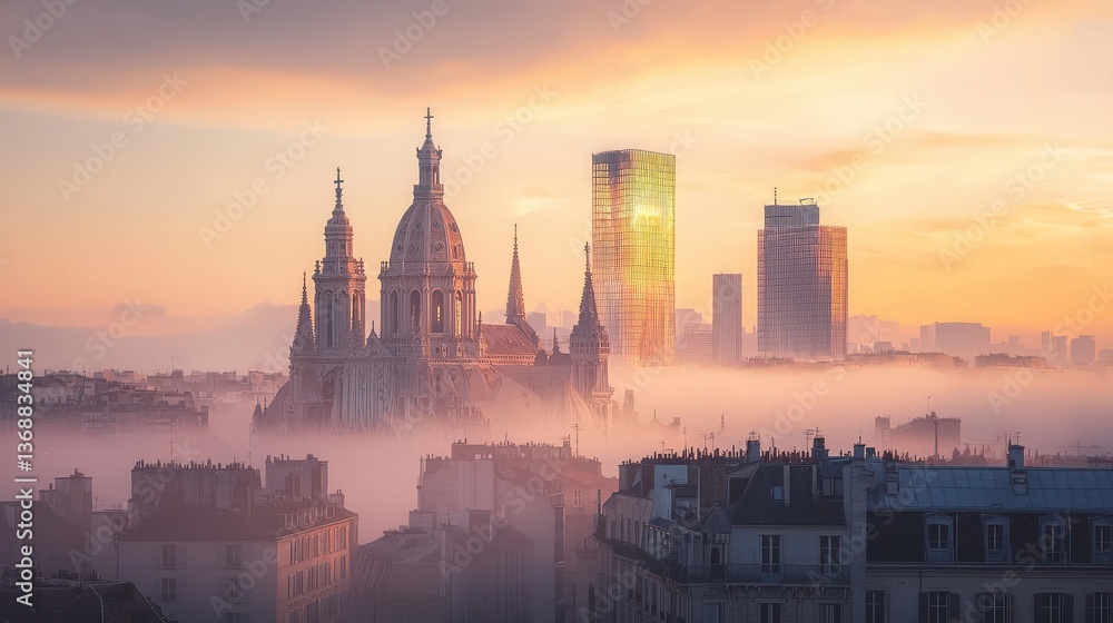 Fototapeta premium Historic cathedral and modern skyscrapers at sunrise with soft fog