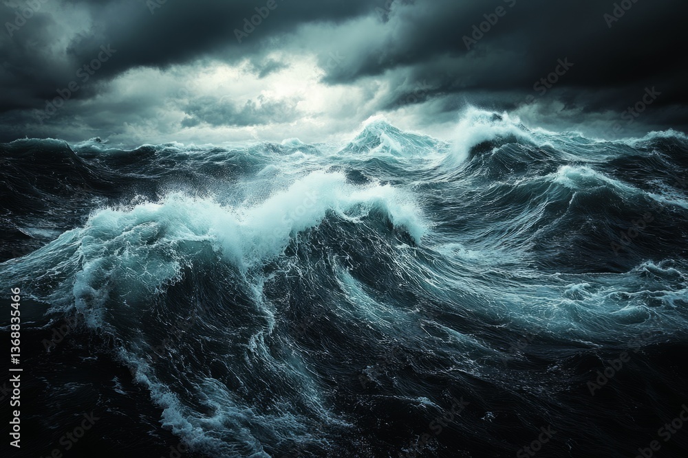 Powerful ocean waves crashing and swirling under dark, stormy sky, creating a dramatic and turbulent seascape Powerful ocean waves crashing and swirling under dark, stormy sky, creating a dramatic and turbulent seascape