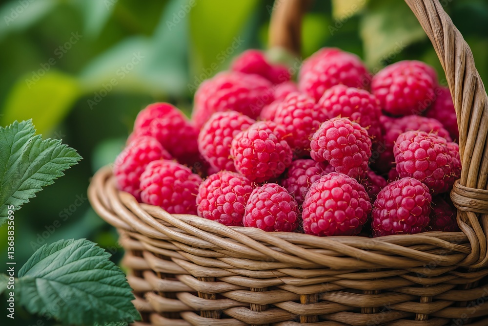 Freshly harvested raspberries in a wicker basket surrounded by green foliage in a sunlit garden. wicker basket is filled with ripe, red raspberries sitting among lush green plants in a garden Freshly harvested raspberries in a wicker basket surrounded by green foliage in a sunlit garden. wicker basket is filled with ripe, red raspberries sitting among lush green plants in a garden