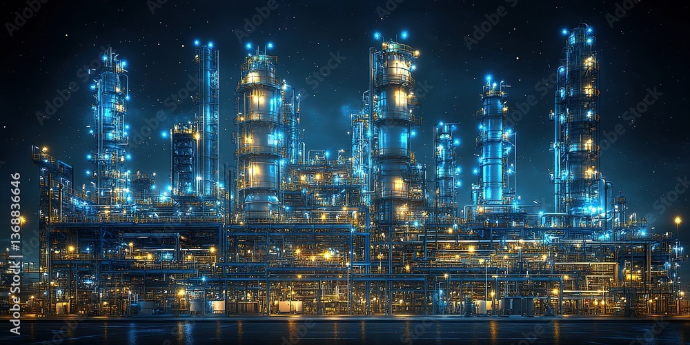 Fototapeta premium Brightly lit industrial complex at night showcasing advanced technology and machinery in a bustling energy sector environment