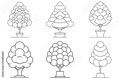 Topiary Bush Outline Coloring Book Page Line Art Drawing Set