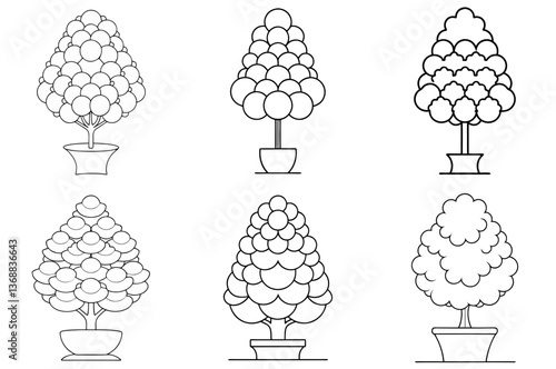 Topiary Bush Outline Coloring Book Page Line Art Drawing Set