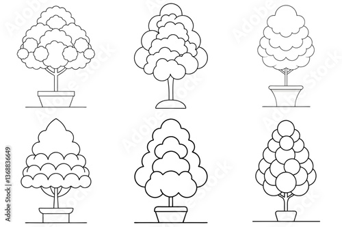 Topiary Bush Outline Coloring Book Page Line Art Drawing Set
