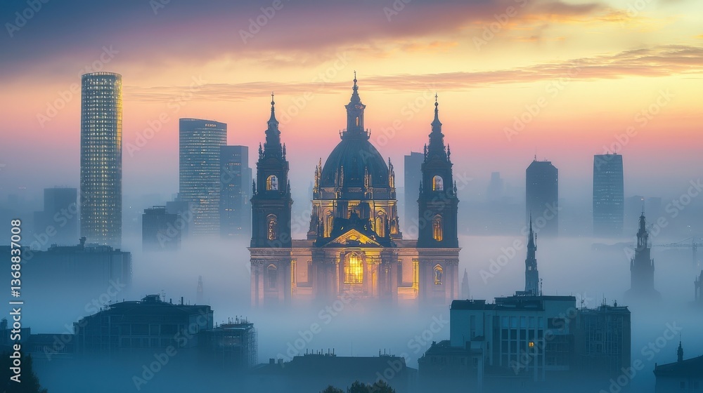 Fototapeta premium Majestic gothic cathedral surrounded by modern skyscrapers in morning fog