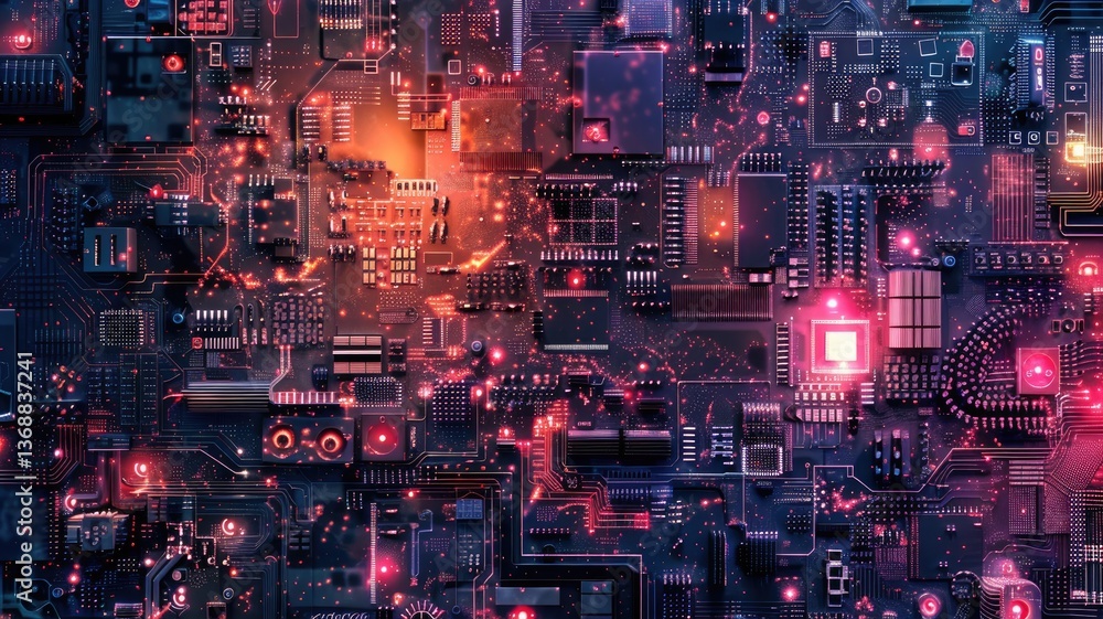 Fototapeta premium Abstract picture of chip on complex circuit with digital technology style design and the electric parts graphic show high tech system represent about processor algorithm process on computer. AIG53.