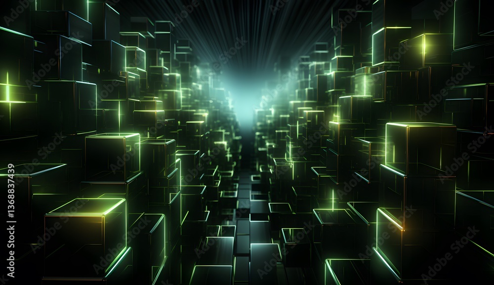 Obraz premium Abstract Glowing Cube Cityscape with Light Rays and Futuristic Vibe