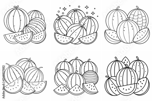  Various Watermelons Outline Coloring Book Page Line Art Drawing Set