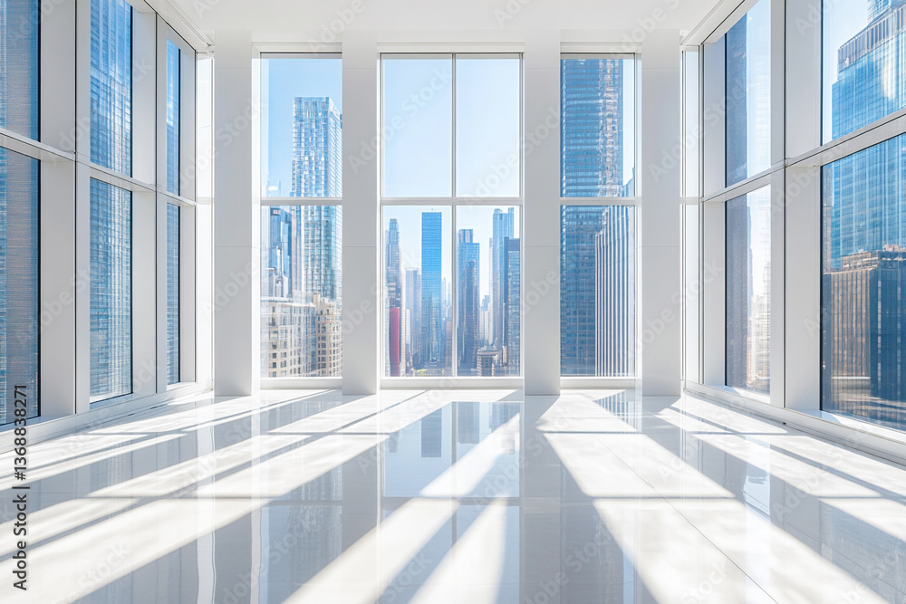 Fototapeta premium Bright Open Office Space With Panoramic City View and Abundant Natural Light Throughout the Day