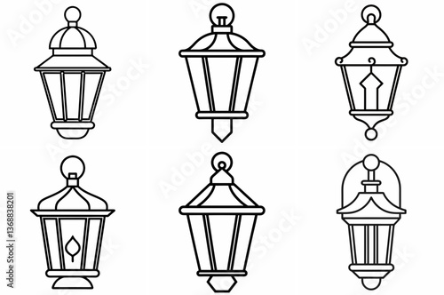 Wall Lantern Outline Coloring Book Page Line Art Drawing Set