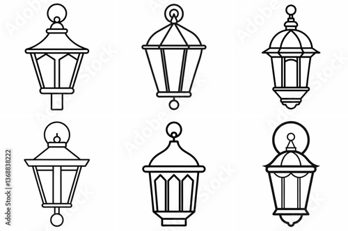 Wall Lantern Outline Coloring Book Page Line Art Drawing Set