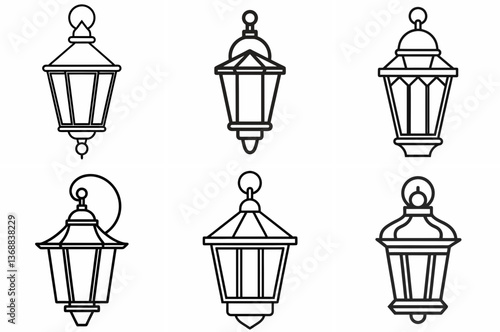 Wall Lantern Outline Coloring Book Page Line Art Drawing Set