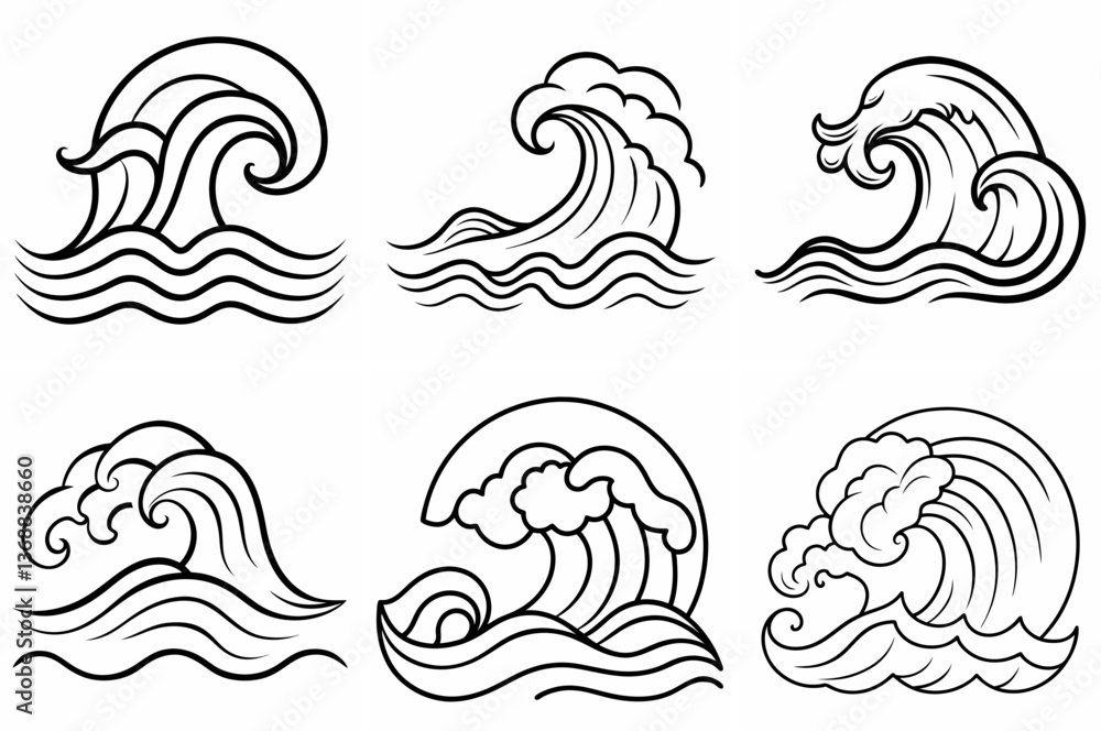 Waves Outline Coloring Book Page Line Art Drawing Set Waves Outline Coloring Book Page Line Art Drawing Set