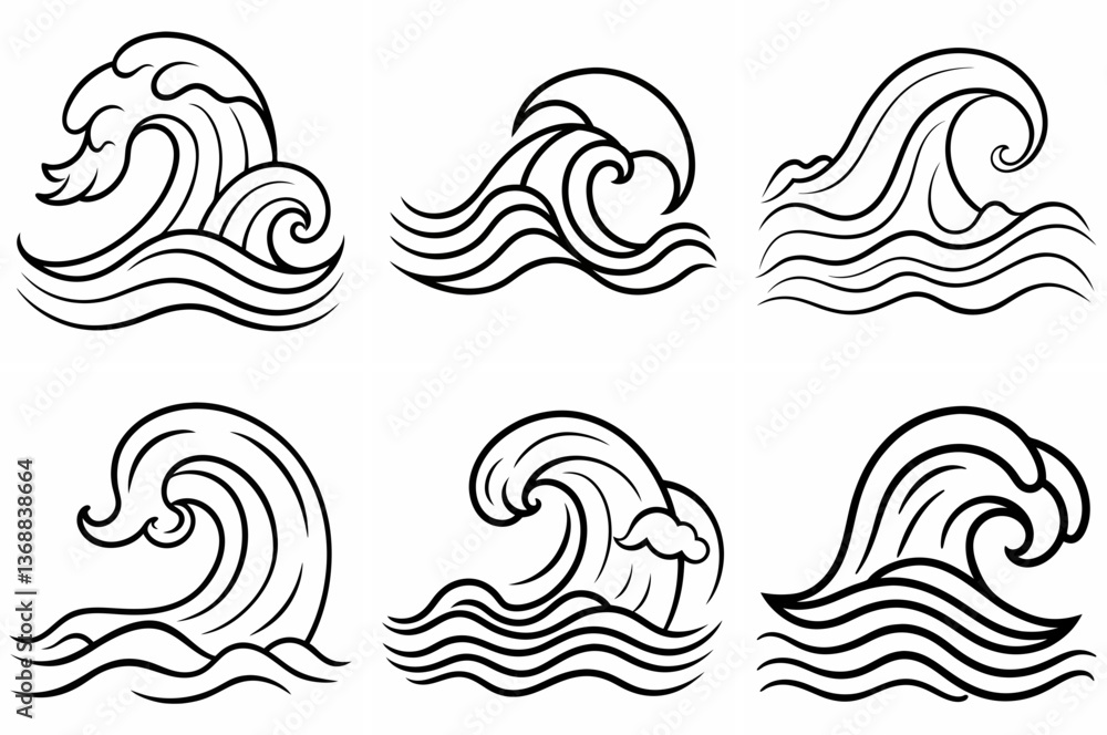 Waves Outline Coloring Book Page Line Art Drawing Set Waves Outline Coloring Book Page Line Art Drawing Set