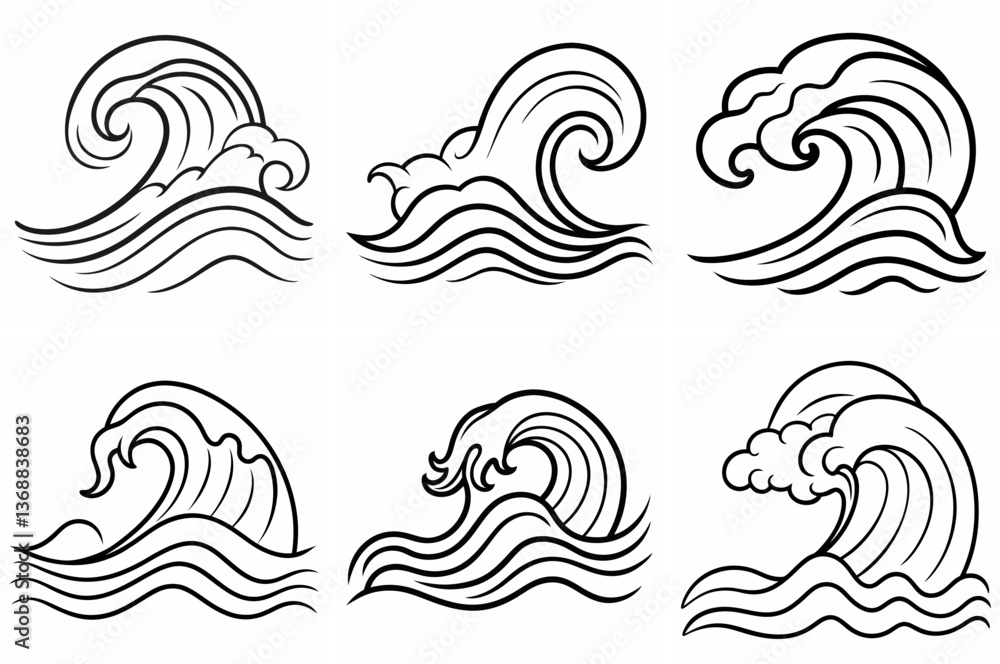 Fototapeta premium Waves Outline Coloring Book Page Line Art Drawing Set