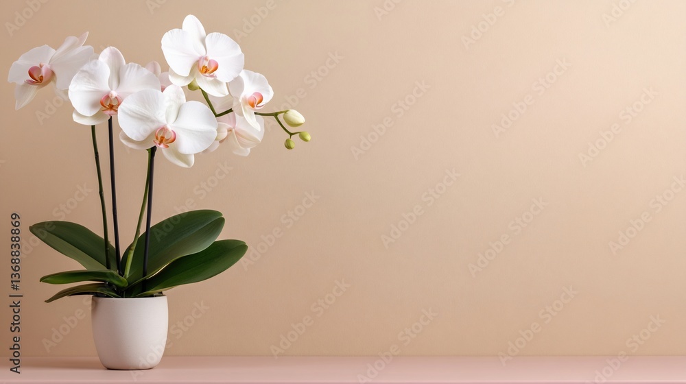 White orchid in pot. Cream backdrop provides soft, calming effect White orchid in pot. Cream backdrop provides soft, calming effect