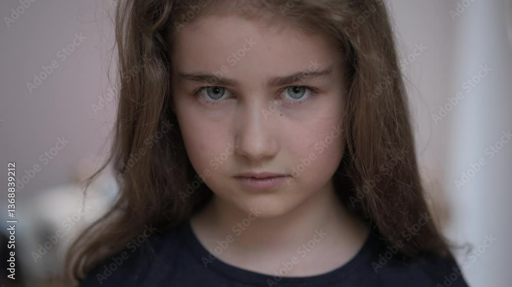 Sad Thinking Curiosity Child Looking at Camera. Face Eyes Serious Contemplative Girl. Portrait of Upset Schoolgirl With Sadness, Bad Mood. Depressed Face. Negative Suppressed Emotions in Childhood. Sad Thinking Curiosity Child Looking at Camera. Face Eyes Serious Contemplative Girl. Portrait of Upset Schoolgirl With Sadness, Bad Mood. Depressed Face. Negative Suppressed Emotions in Childhood.