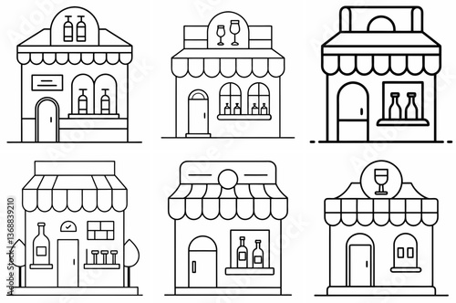 Wine Shop Outline Coloring Page Line Art Drawing Set