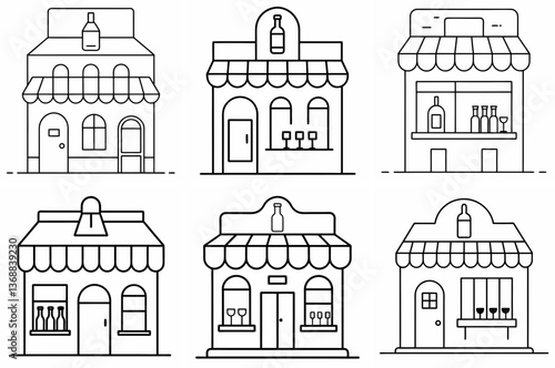 Wine Shop Outline Coloring Page Line Art Drawing Set