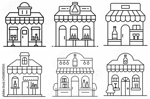 Wine Shop Outline Coloring Page Line Art Drawing Set