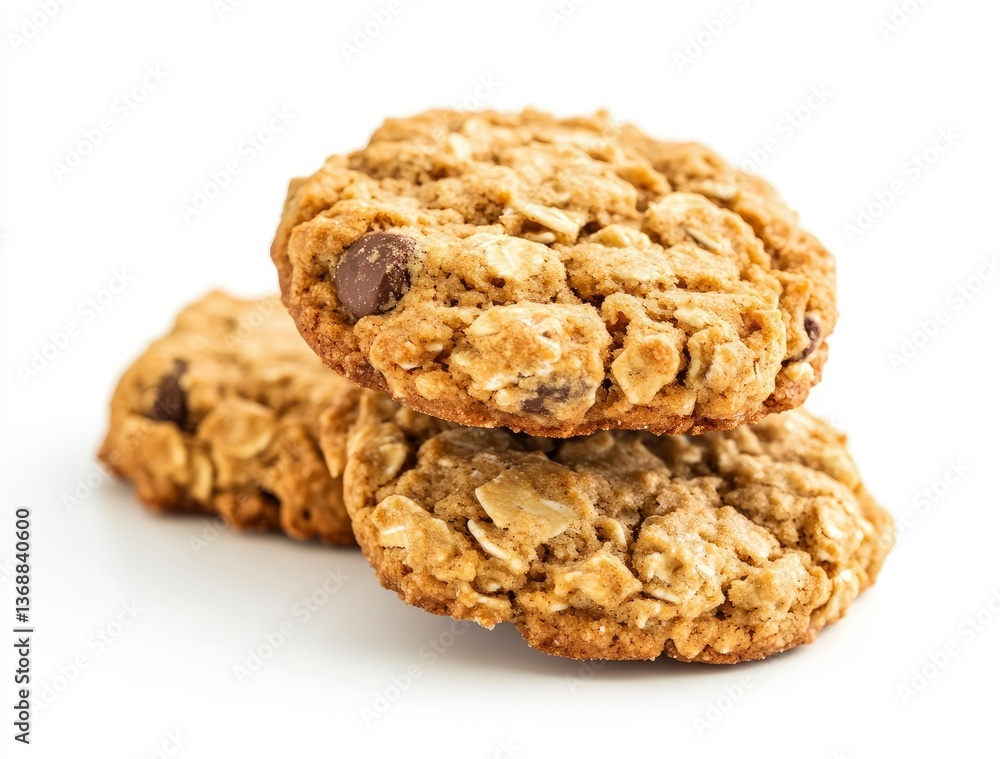 Photo of oatmeal cookies on a white background, close-up view. Isolated stock photo with 2/3 space for text Photo of oatmeal cookies on a white background, close-up view. Isolated stock photo with 2/3 space for text