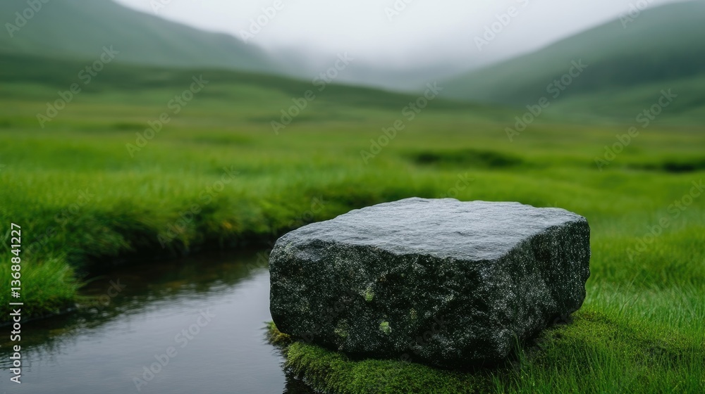 A dark gray, rectangular stone sits amidst lush, green grass and a shallow stream. Misty, rolling hills create a tranquil backdrop A dark gray, rectangular stone sits amidst lush, green grass and a shallow stream. Misty, rolling hills create a tranquil backdrop