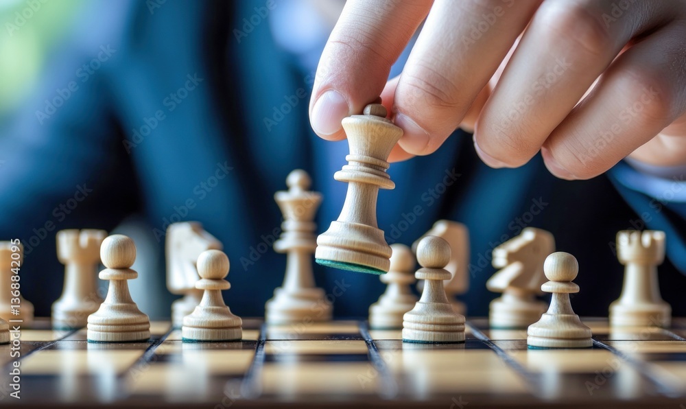 A strategic move: Hand carefully placing the queen piece on the chessboard during a game. A strategic move: Hand carefully placing the queen piece on the chessboard during a game.