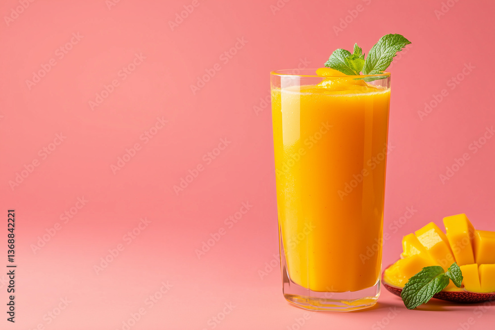 Refreshing mango and passion fruit smoothie in a tall glass garnished with mint isolated on a gradient background Refreshing mango and passion fruit smoothie in a tall glass garnished with mint isolated on a gradient background
