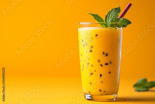 Refreshing mango and passion fruit smoothie in a tall glass garnished with mint isolated on a gradient background