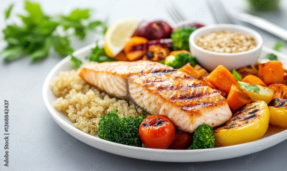 Delicious grilled salmon fillet served with quinoa and roasted vegetables on a white plate. Delicious grilled salmon fillet served with quinoa and roasted vegetables on a white plate.