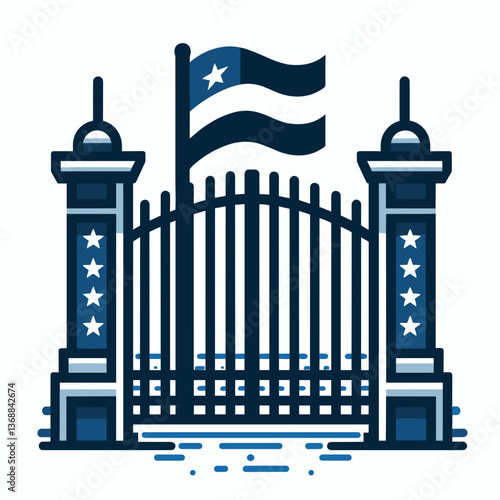 Vector illustration of an embassy gate with a flag for diplomatic and international relations concepts