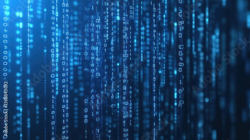 Abstract image of blue binary code cascading like rain, digital technology.