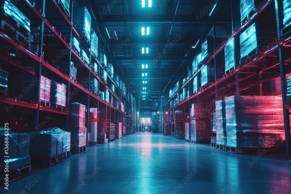 Fototapeta premium Warehouse interior with goods pallets illuminated with neon lights
